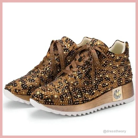 Women's Glitter Platform Sneakers with Rhinestones & Wedge Heel